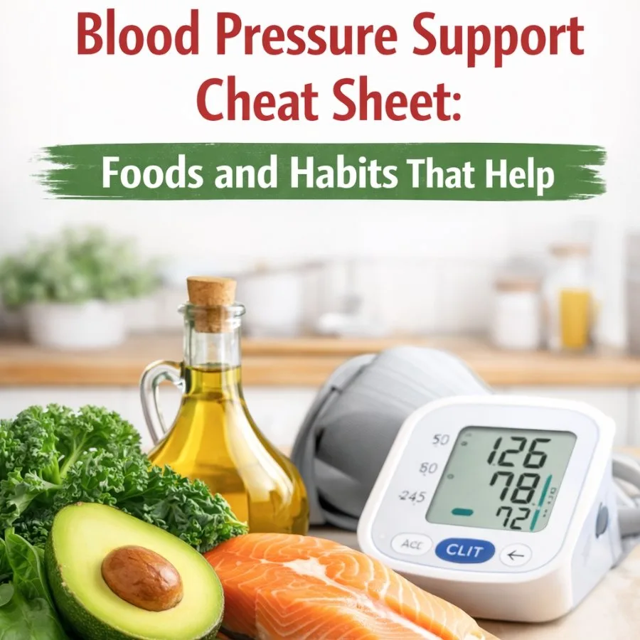 Blood pressure support cheat sheet with healthy foods like avocado, salmon, olive oil and a home blood pressure monitor on a kitchen bench