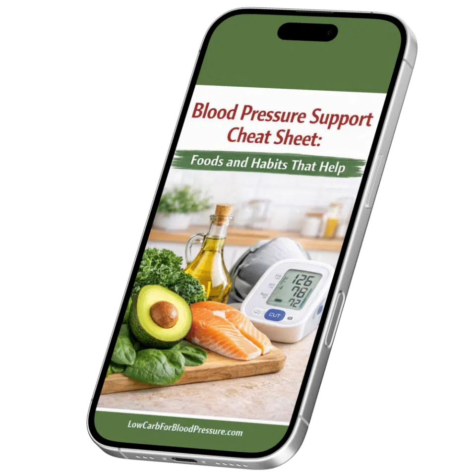Angled smartphone mockup displaying a blood pressure support cheat sheet
