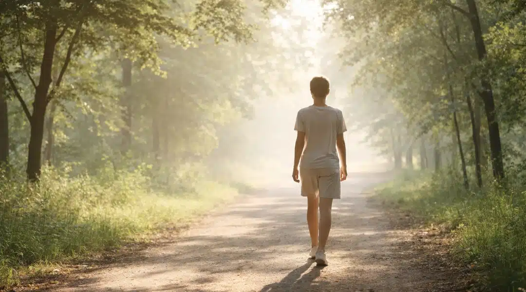 Person walking on a tree-lined path in morning sunlight