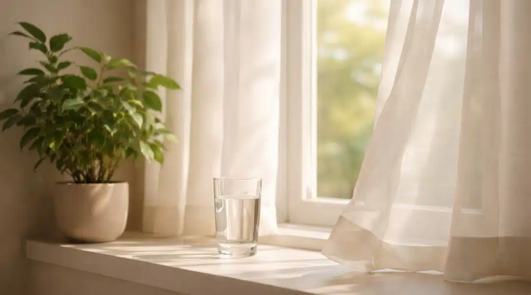 Morning wellness routine with sunlight and indoor plants