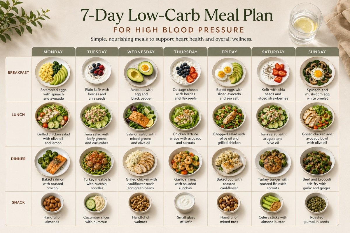 7-day simple low-carb meal plan for high blood pressure with breakfast lunch dinner and snack ideas