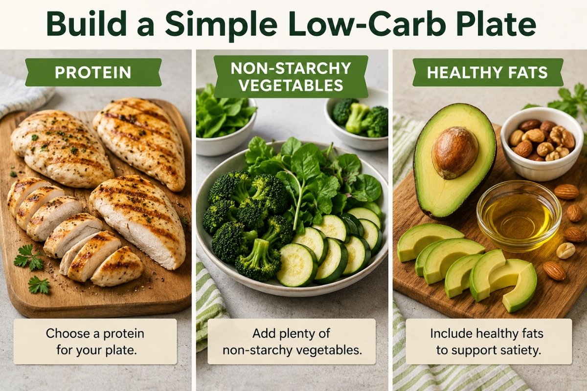 Simple low-carb plate showing three key components for blood pressure support: protein, non-starchy vegetables, and healthy fats.