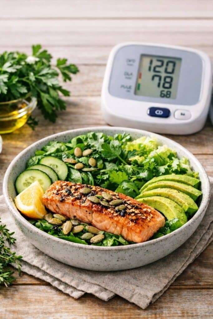 Low-carb salmon avocado bowl with leafy greens, cucumber, and pumpkin seeds in a ceramic bowl on a wooden surface, with a blood pressure monitor softly blurred in the background, clean natural lighting, no tomatoes