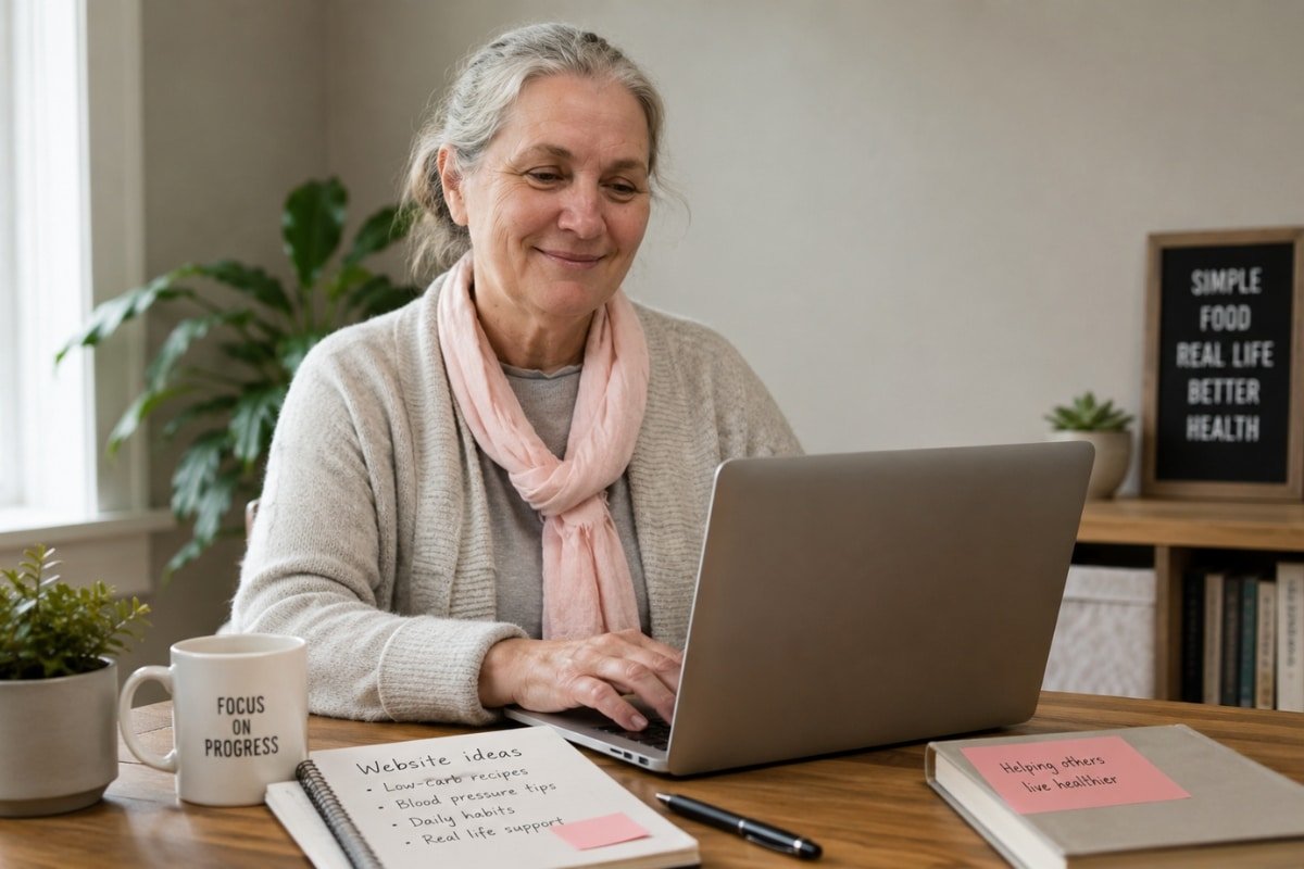 Ania working on LowCarbForBloodPressure.com at her home office, creating practical low-carb resources and recipes to support healthier blood pressure.