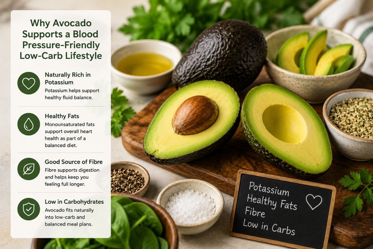 Avocado with fresh low-carb ingredients on a kitchen counter representing a blood pressure-friendly low-carb lifestyle