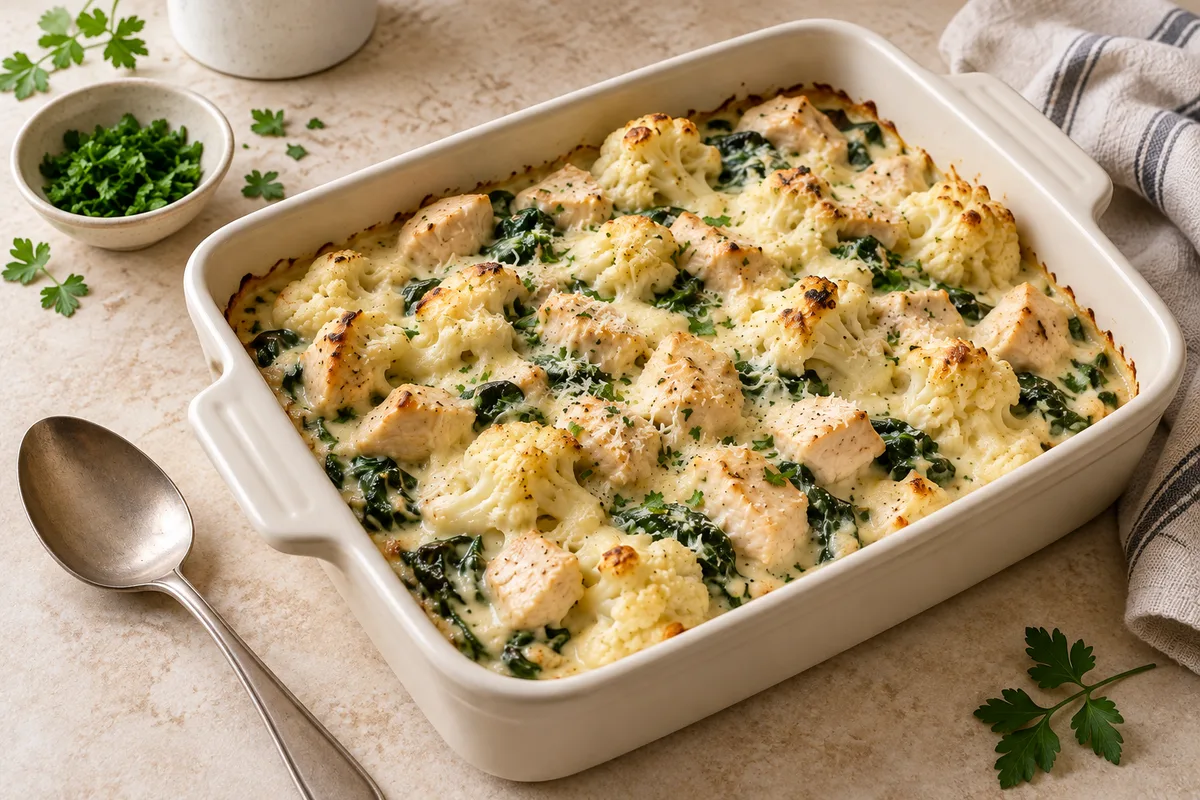 Cauliflower chicken Alfredo bake with spinach in a cream ceramic baking dish, a serving spoon and fresh parsley beside it