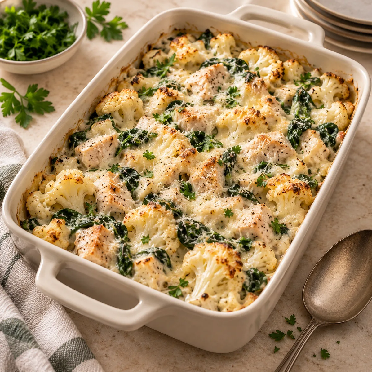 Cauliflower Chicken Alfredo Bake, finished and ready to serve