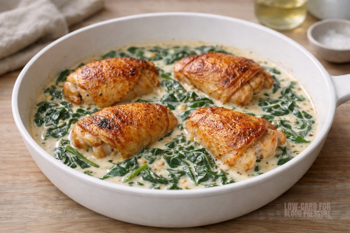 Chicken Thighs with Creamy Garlic Spinach, finished and ready to serve