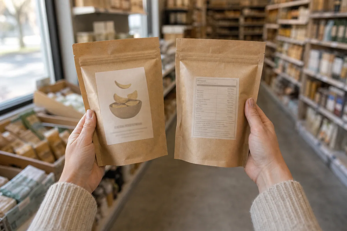 A woman's hands comparing two snack packets in a supermarket aisle, one showing its front label and the other turned to show the nutrition panel on the back