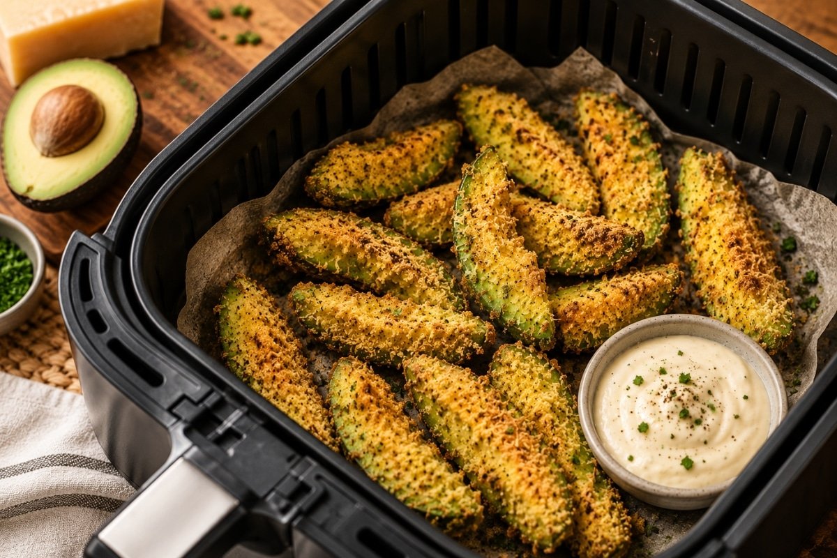 Crispy baked keto avocado fries cooked in an air fryer with parmesan coating and blood pressure-friendly low-carb ingredients