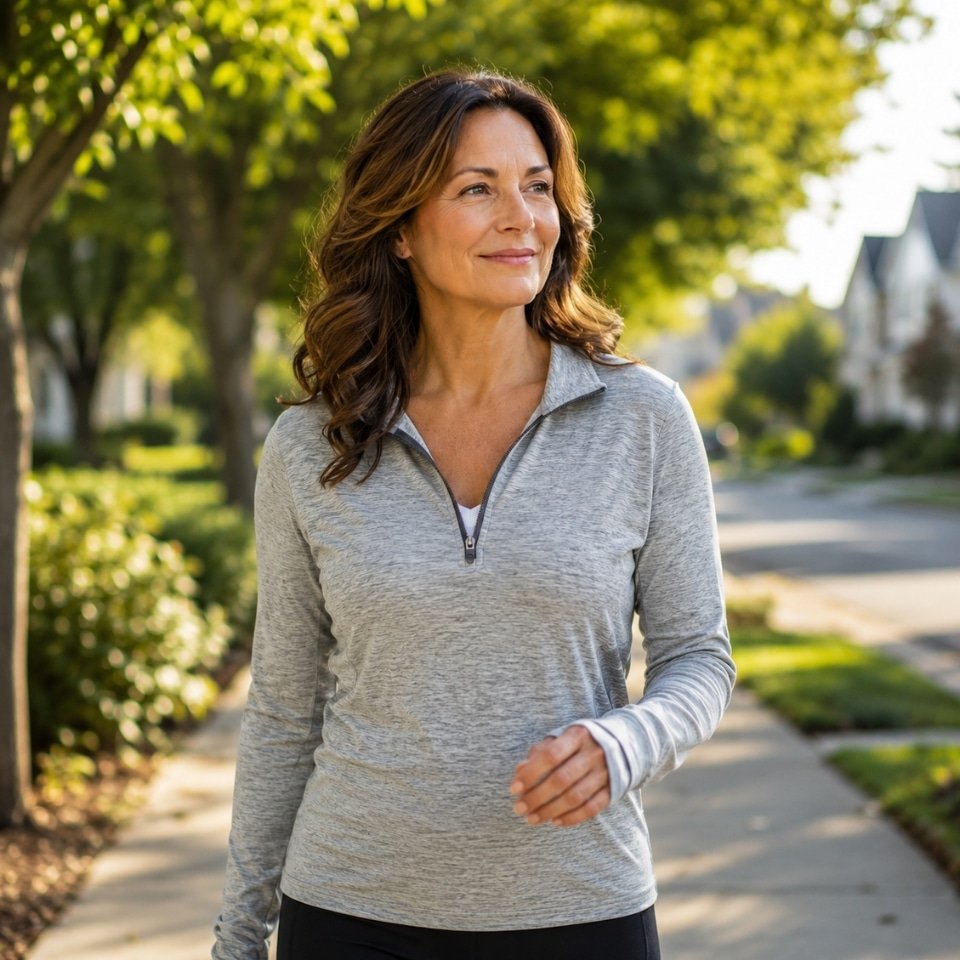Daily habits support healthy blood pressure with a woman taking a calm morning walk as part of a healthy daily routine