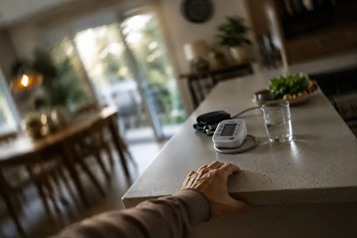 Hand gripping kitchen counter beside blood pressure monitor during dizziness from low-carb blood pressure changes