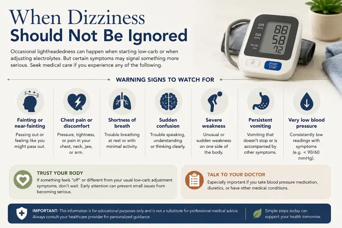 Warning signs dizziness low-carb blood pressure infographic with symptoms that may require medical attention