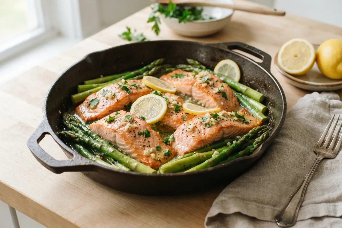Garlic butter salmon and asparagus in a cast iron skillet on a wooden table, with lemon, parsley and a linen napkin