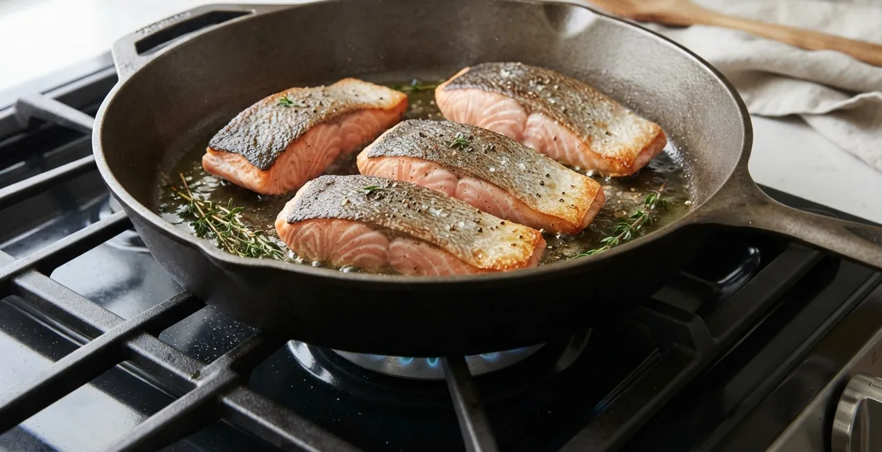 Salmon fillets with crisp golden skin searing in a cast iron skillet on a gas stove