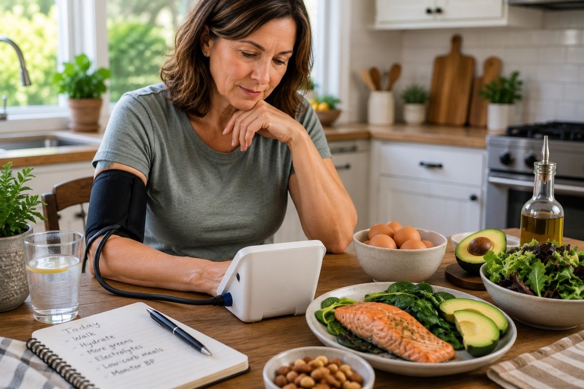 Woman checking blood pressure at kitchen table with healthy low-carb foods including salmon, avocado, eggs, and leafy greens
