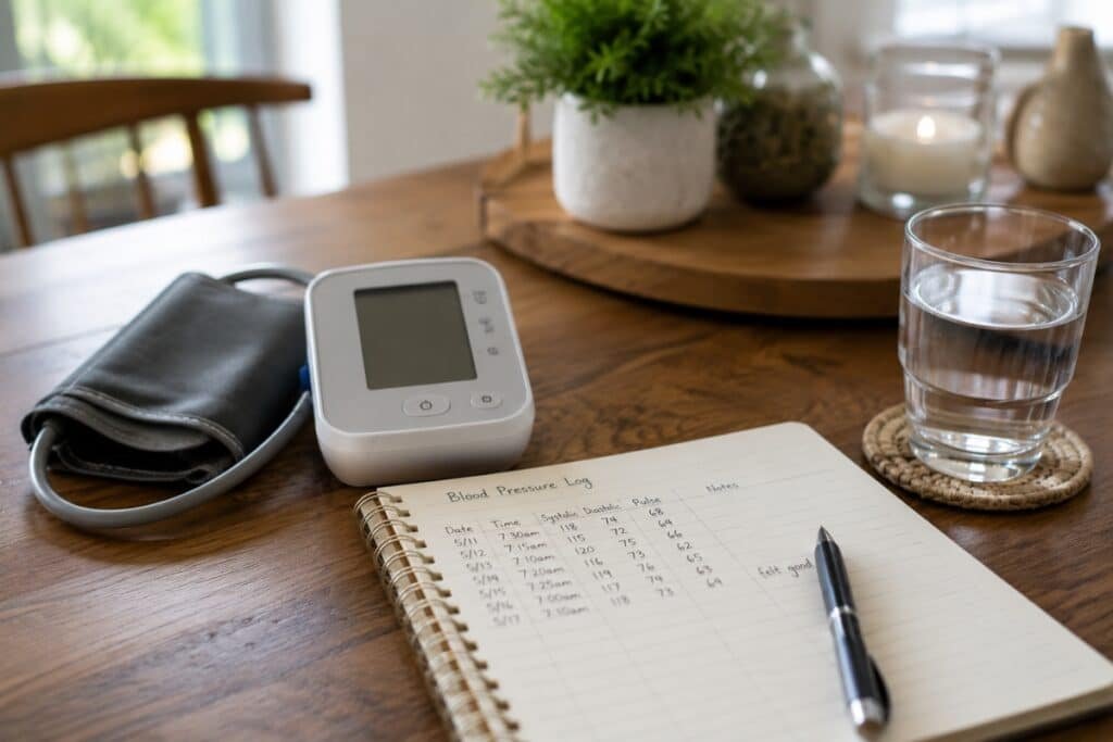 home blood pressure monitor with tracking notebook and water glass