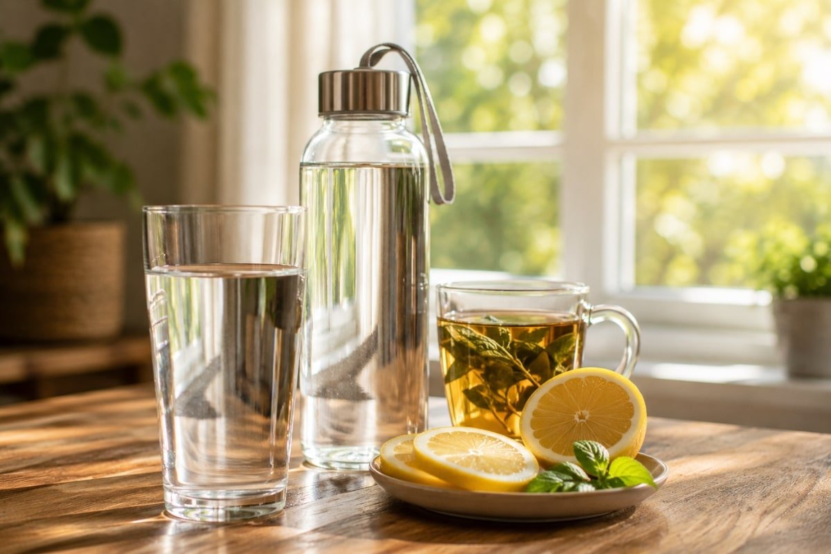 hydration habits with water bottle herbal tea and lemon slices for healthy blood pressure support