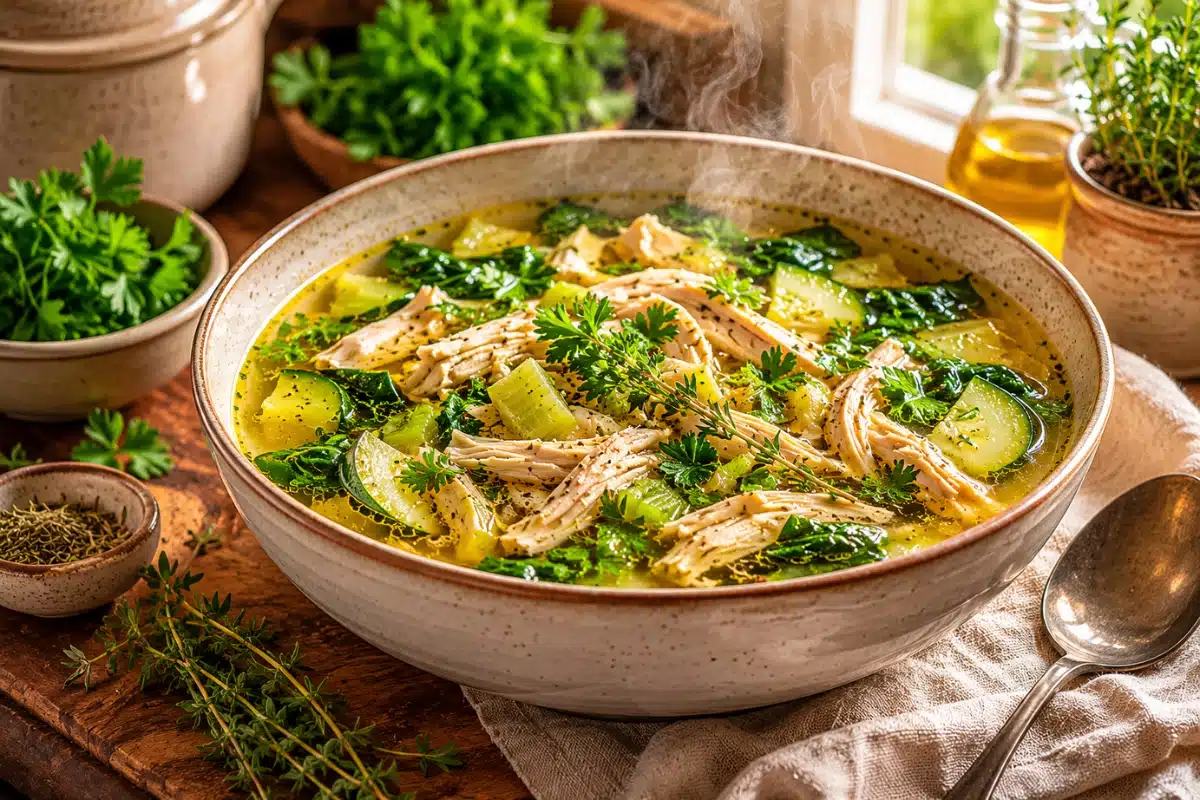 Keto chicken soup with shredded chicken, spinach, zucchini, celery, and fresh herbs in a warm electrolyte-rich broth for low-carb blood pressure support