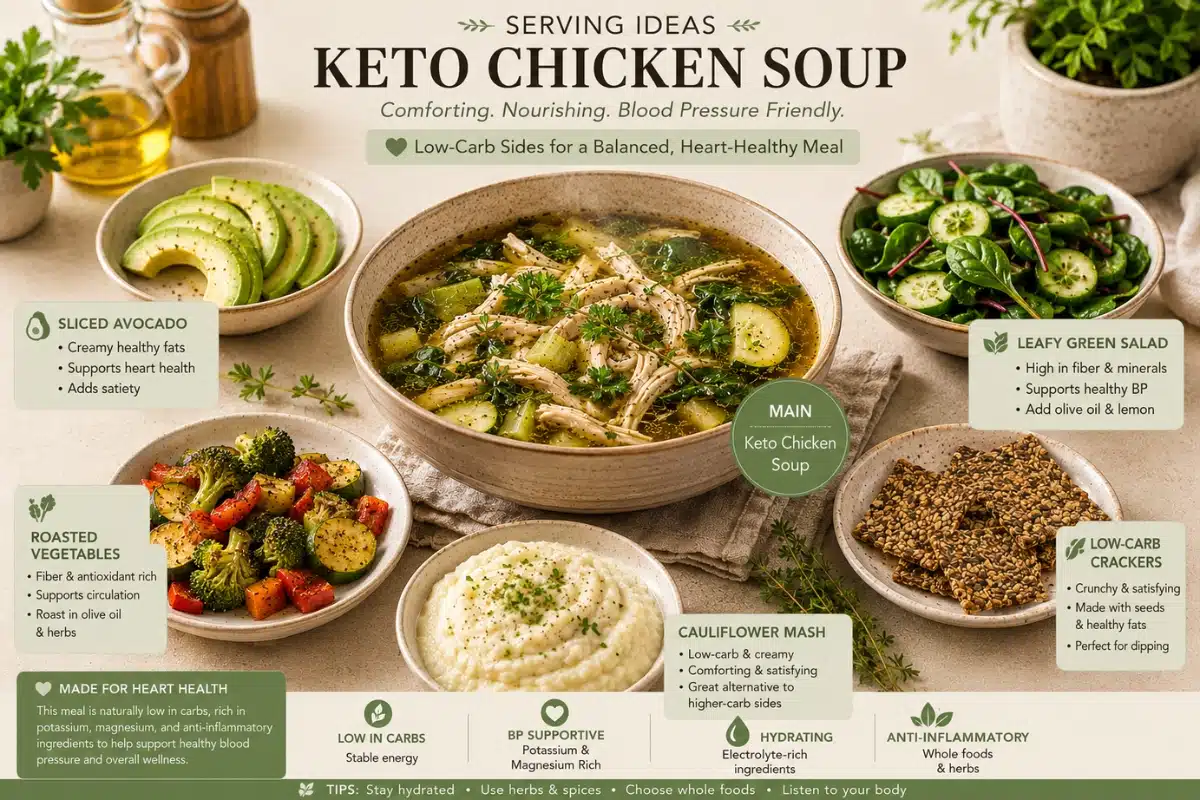 Keto chicken soup serving ideas infographic with avocado, leafy salad, roasted vegetables, cauliflower mash, and low-carb crackers for blood pressure-friendly low-carb meals