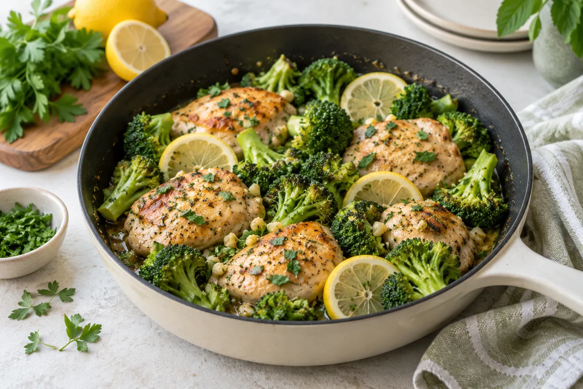 One-pan lemon herb chicken and broccoli in a cream skillet with lemon slices, parsley and minced garlic