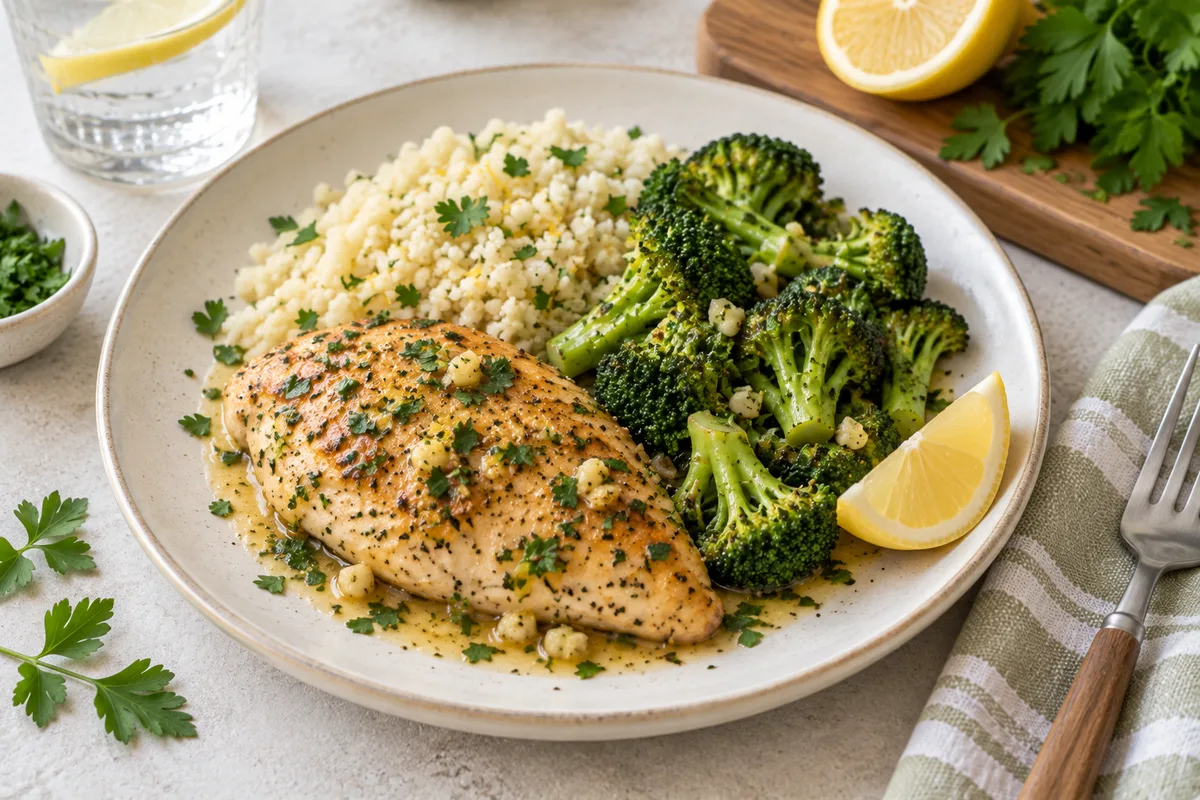 A plated serving of lemon herb chicken and broccoli with cauliflower rice, a lemon wedge and chopped parsley