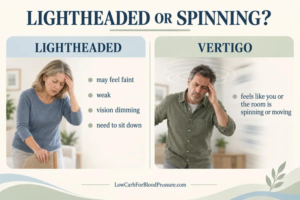 Side by side comparison of lightheadedness and vertigo. Lightheaded: may feel faint, weak, vision dimming, need to sit down. Vertigo: feels like you or the room is spinning or moving.