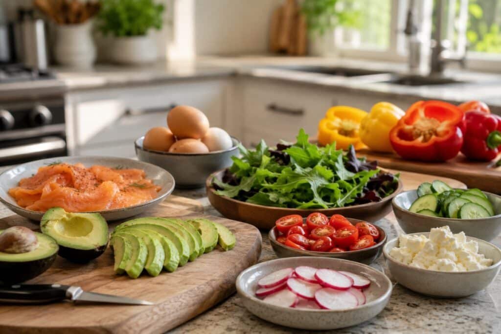 low-carb breakfast ingredient options with eggs avocado smoked salmon and fresh vegetables