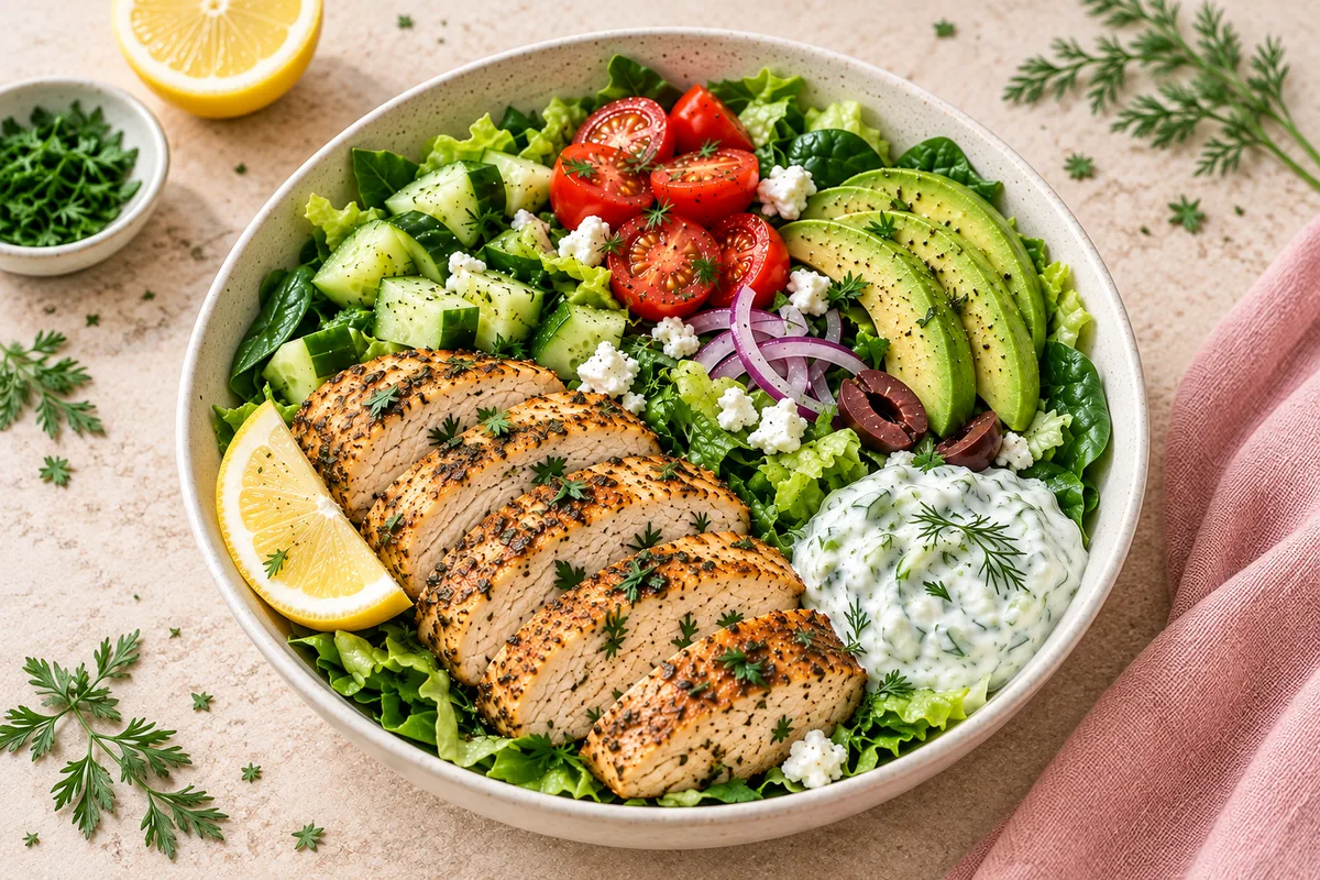Greek chicken bowl with sliced herb-crusted chicken, romaine, cucumber, cherry tomatoes, avocado, red onion, feta, olives and a spoonful of dill yogurt sauce