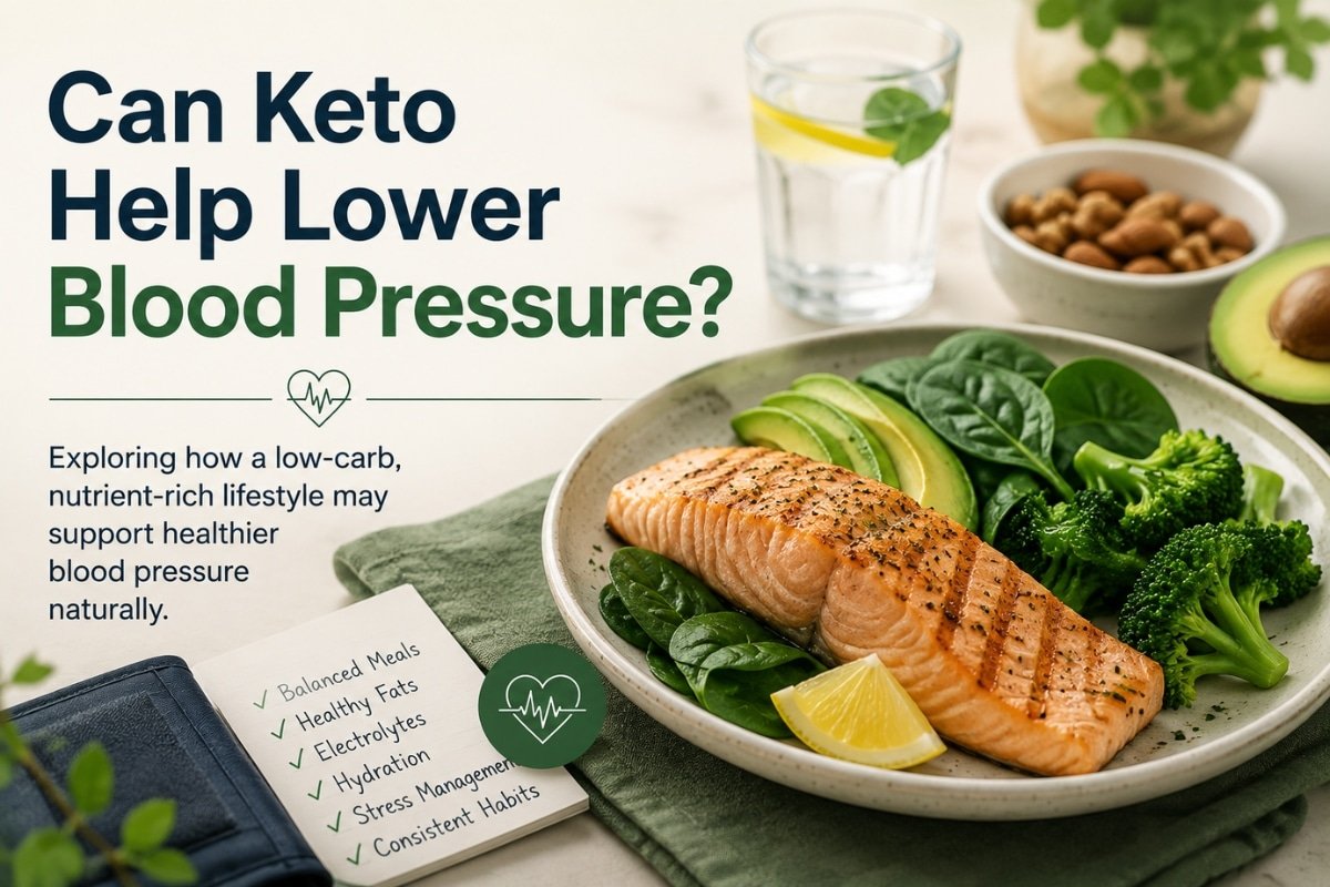 Graphic illustration representing whether keto can help lower blood pressure, featuring simple low-carb foods, a blood pressure monitor, and calm healthy lifestyle elements in a clean modern design.