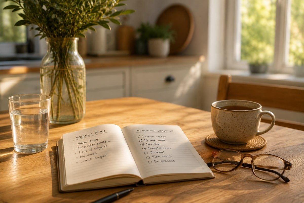 Calm morning routine scene with notebook, herbal tea, water, and healthy habit checklist for sustainable low-carb living