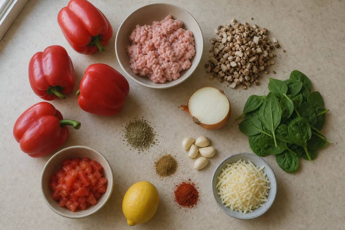Raw ingredients for low-carb stuffed peppers laid out on a counter: red bell peppers, ground turkey, chopped mushrooms, spinach, onion, garlic, tomatoes, lemon, shredded mozzarella and dried herbs