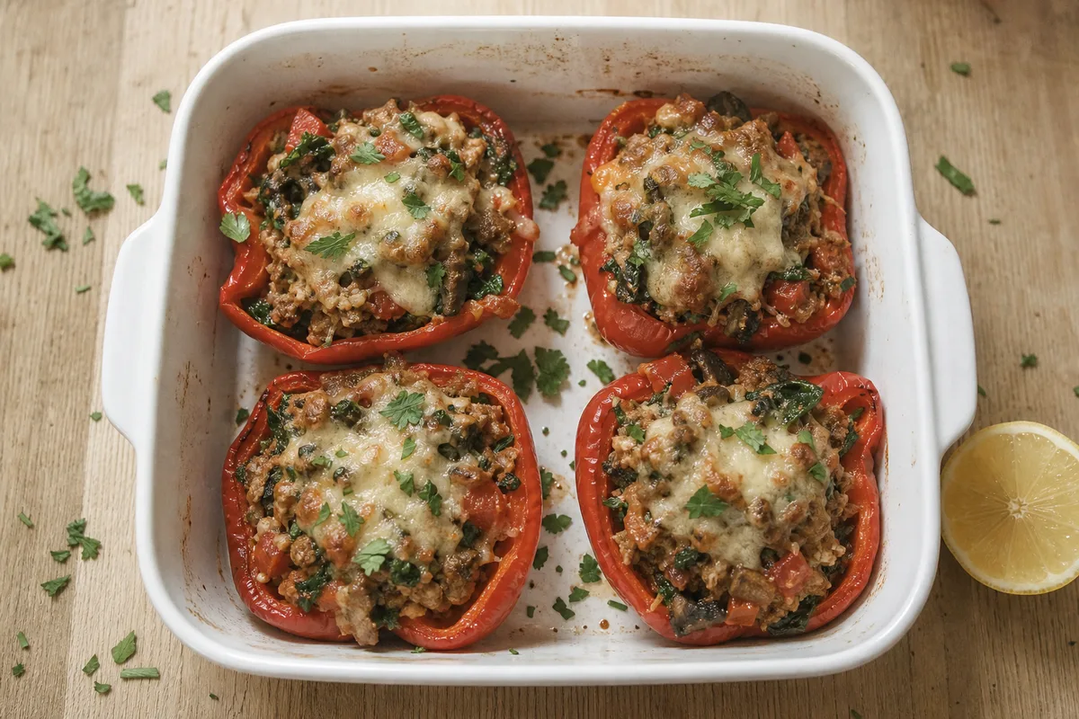 Halved red bell peppers filled with ground turkey, mushrooms and spinach, topped with melted mozzarella and fresh parsley, baked in a white dish