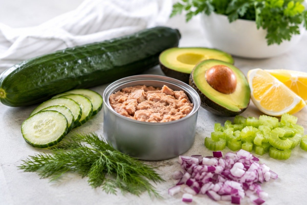 fresh low-carb ingredients for tuna cucumber boats including avocado, cucumber, lemon, celery, and dill