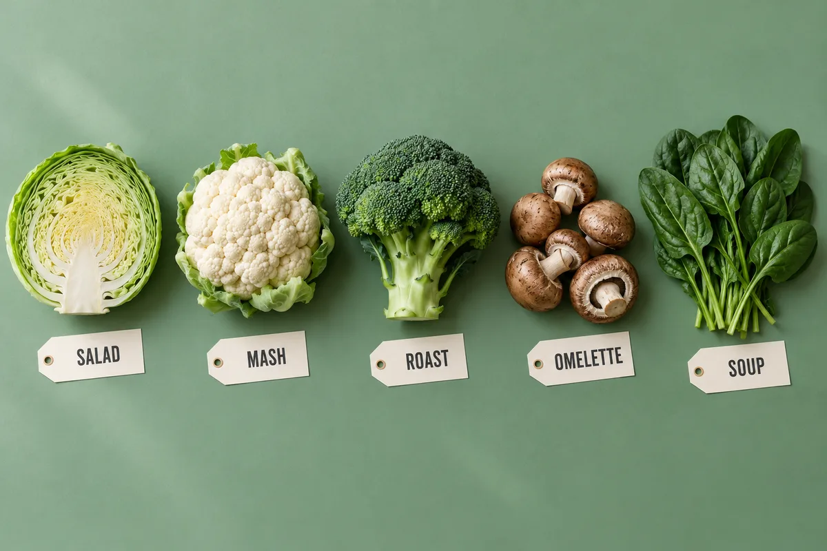 Half a cabbage, a cauliflower, a head of broccoli, brown mushrooms and a bunch of spinach laid out on a sage green background, each with a paper tag naming its job: salad, mash, roast, omelette and soup.