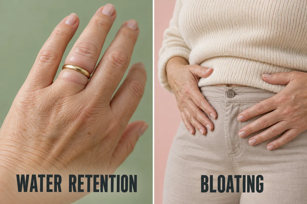 two photos side by side, a ring leaving a mark on a puffy finger labelled water retention and hands resting on a tight waistband labelled bloating