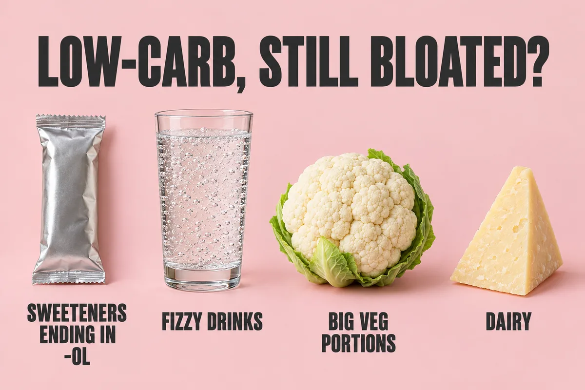 a sugar-free bar, a glass of sparkling water, a head of cauliflower and a wedge of cheese on a blush background, labelled as low-carb foods that can still cause bloating