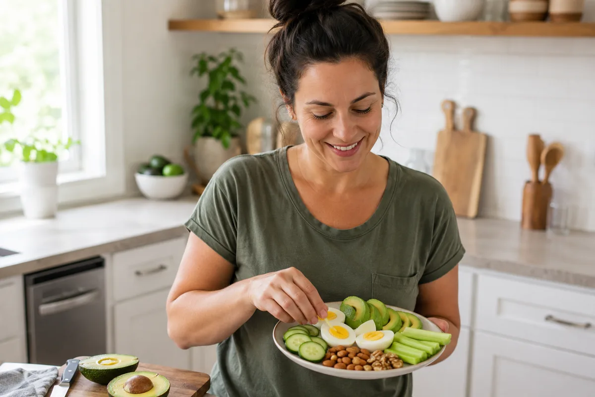 A woman in a bright kitchen holding a plate of hard-boiled eggs, sliced avocado, cucumber, celery sticks and mixed nuts