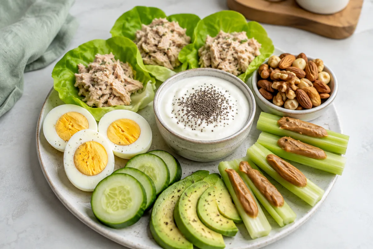 A plate of low-sodium keto snacks: tuna salad in butter lettuce cups, halved hard-boiled eggs, plain Greek yogurt topped with chia seeds, a bowl of mixed unsalted nuts, celery sticks with nut butter, cucumber slices and sliced avocado