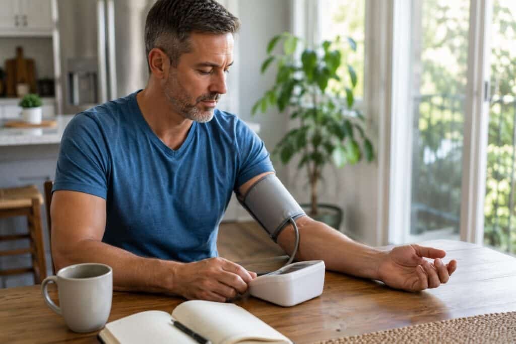 man using upper arm monitor to monitor blood pressure at home
