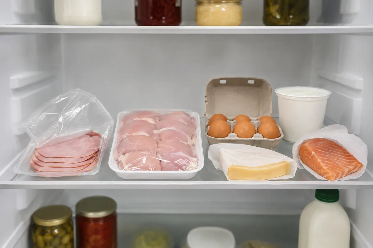 An open fridge shelf holding a packet of sliced ham, a tray of chicken thighs, a carton of eggs and a plastic-wrapped salmon fillet.