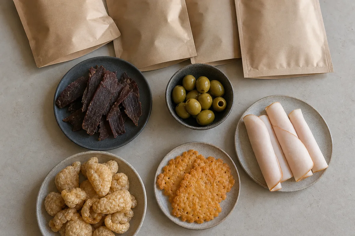 Jerky, pork rinds, baked cheese crisps, olives and rolled turkey slices arranged on a counter beside plain unlabelled snack pouches