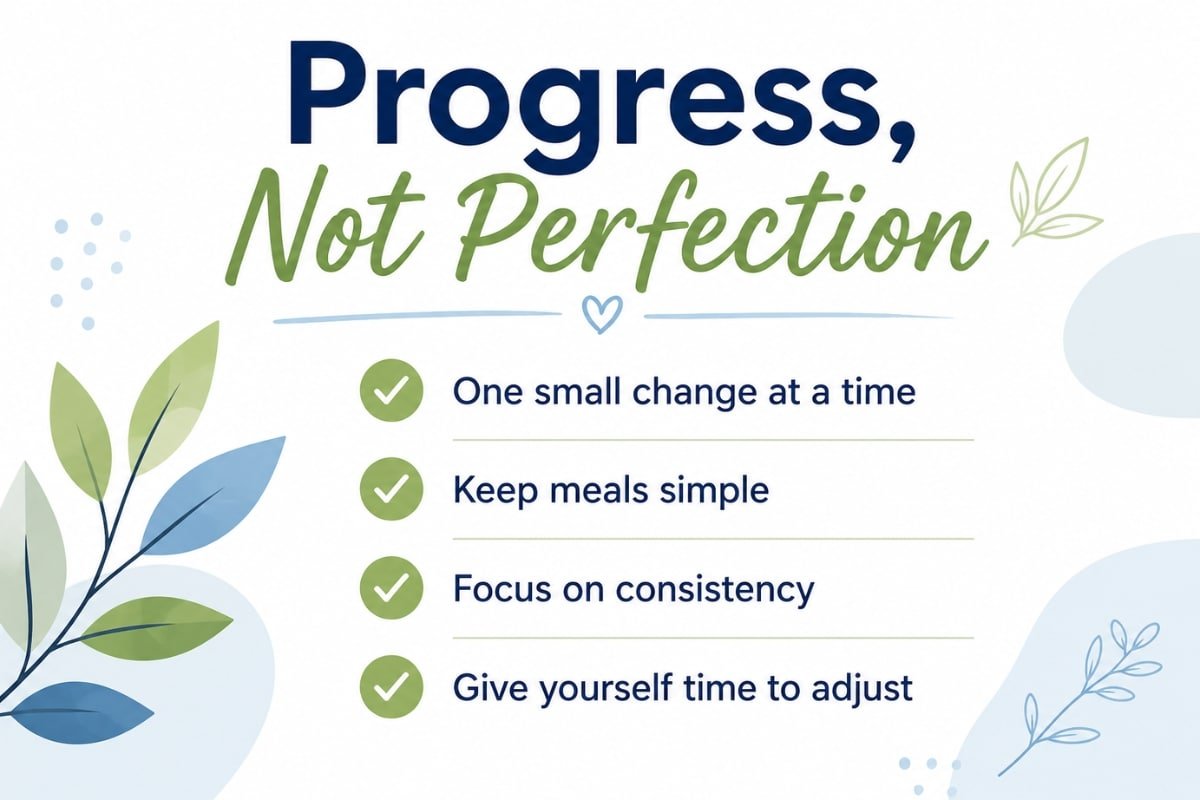 Progress Not Perfection infographic with four simple low-carb blood pressure habits: one small change at a time, keep meals simple, focus on consistency, and give yourself time to adjust.