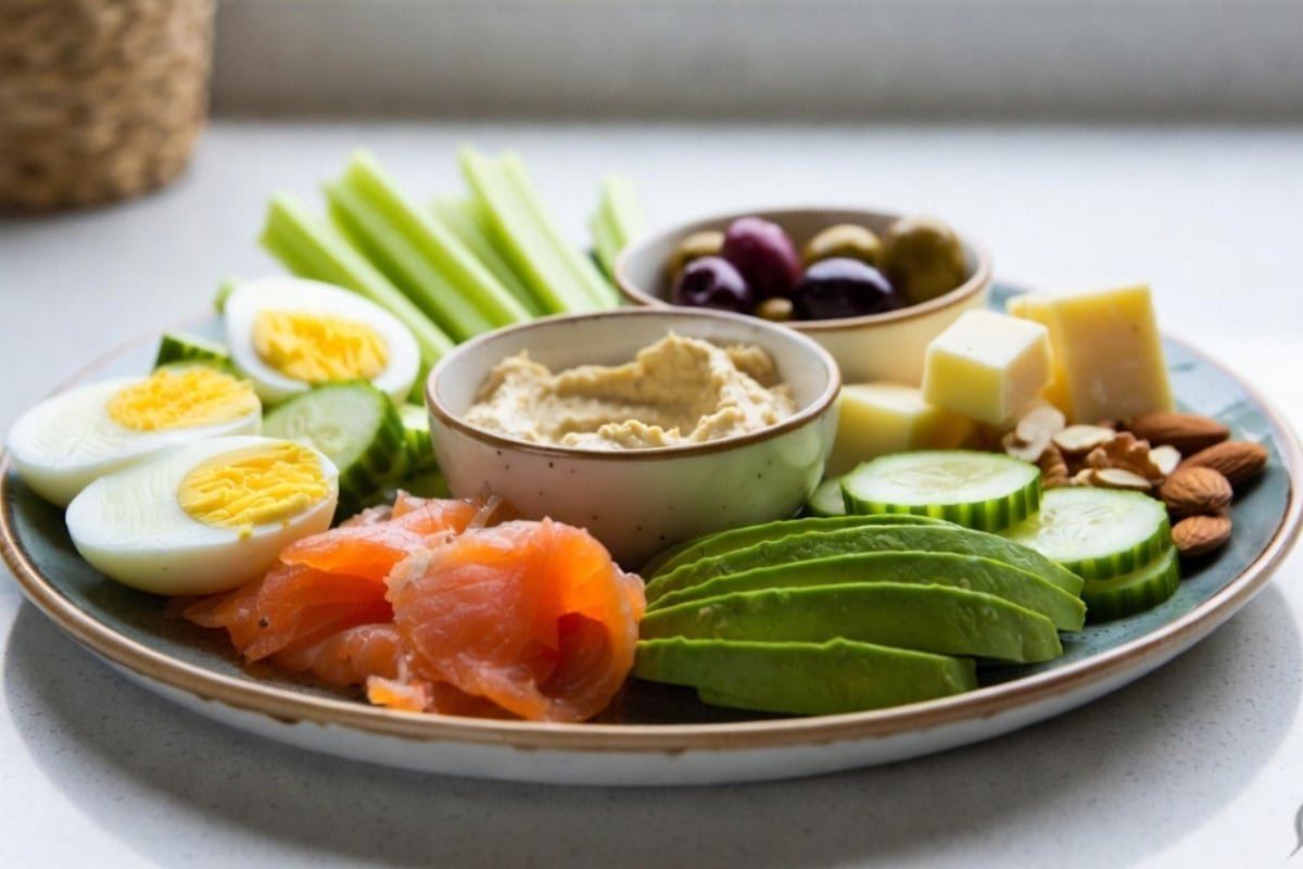 Low-carb snack plate for steady energy featuring eggs, smoked salmon, avocado, cucumber, olives, cheese, and nuts arranged in a bright kitchen setting.