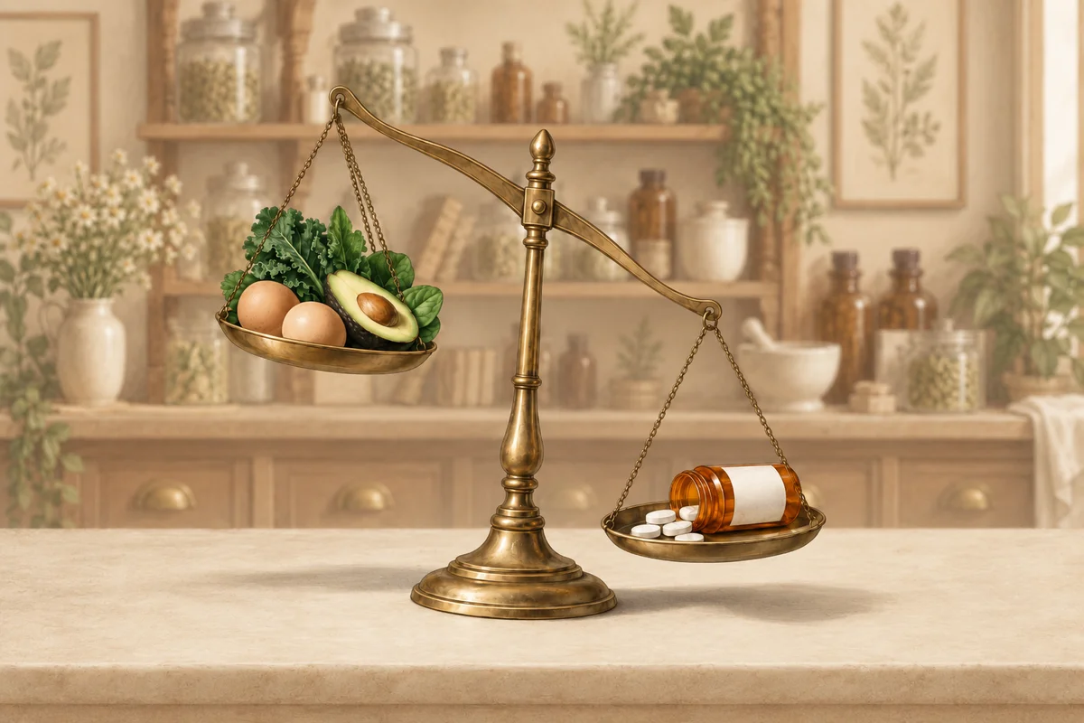 brass balance scale tipping toward a spilled prescription bottle, with eggs, avocado and greens on the lighter side
