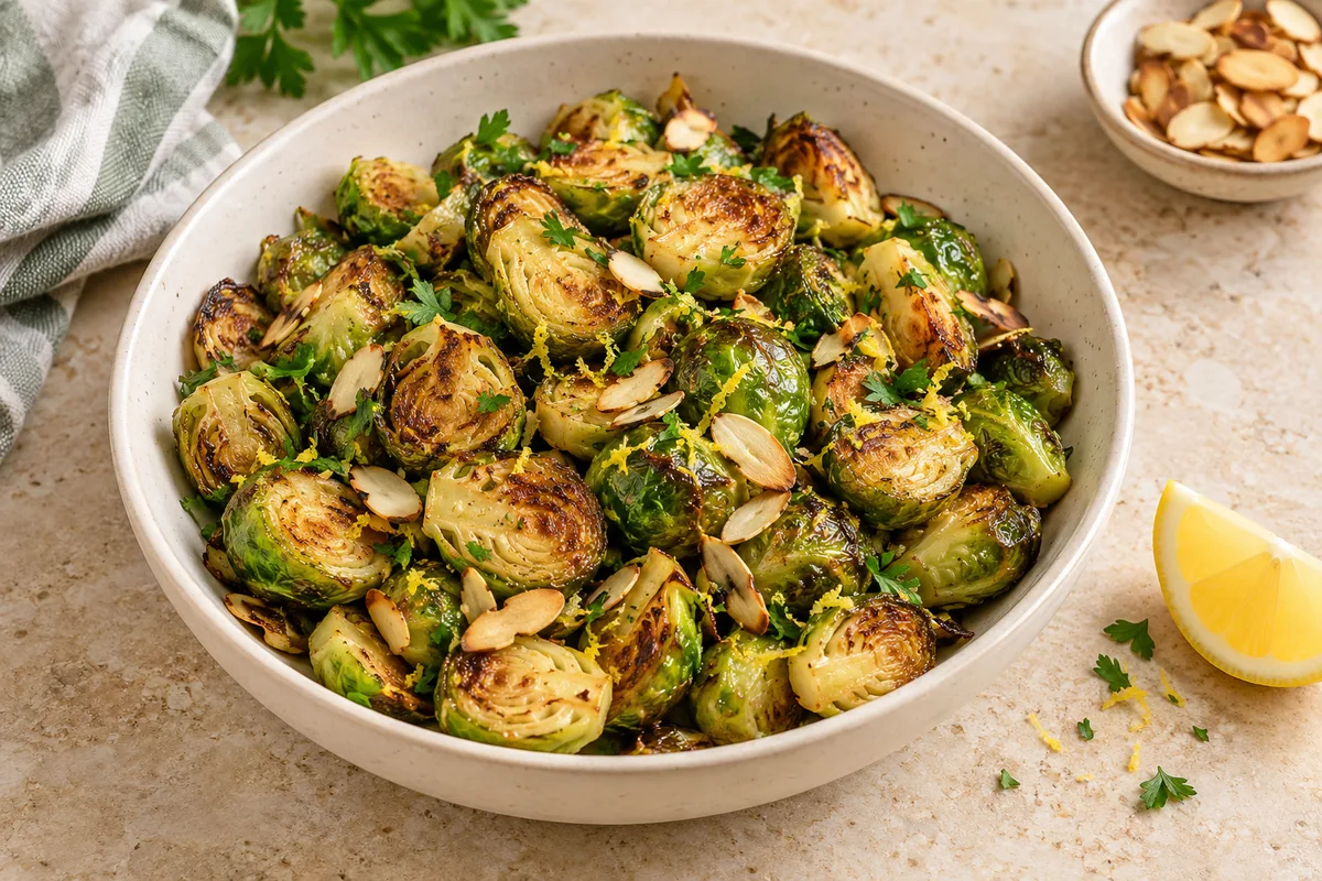 Roasted Brussels sprouts with toasted sliced almonds, lemon zest and parsley in an off-white ceramic bowl