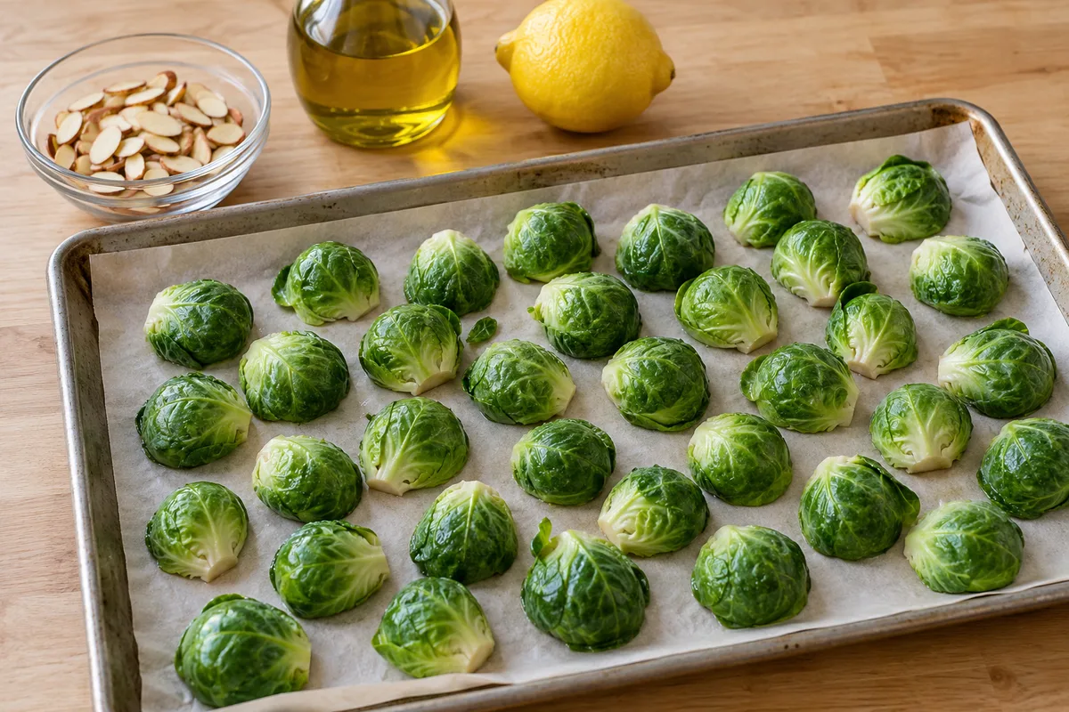 Fresh Brussels sprouts arranged cut-side down on a parchment-lined baking tray, with sliced almonds, lemon and olive oil nearby