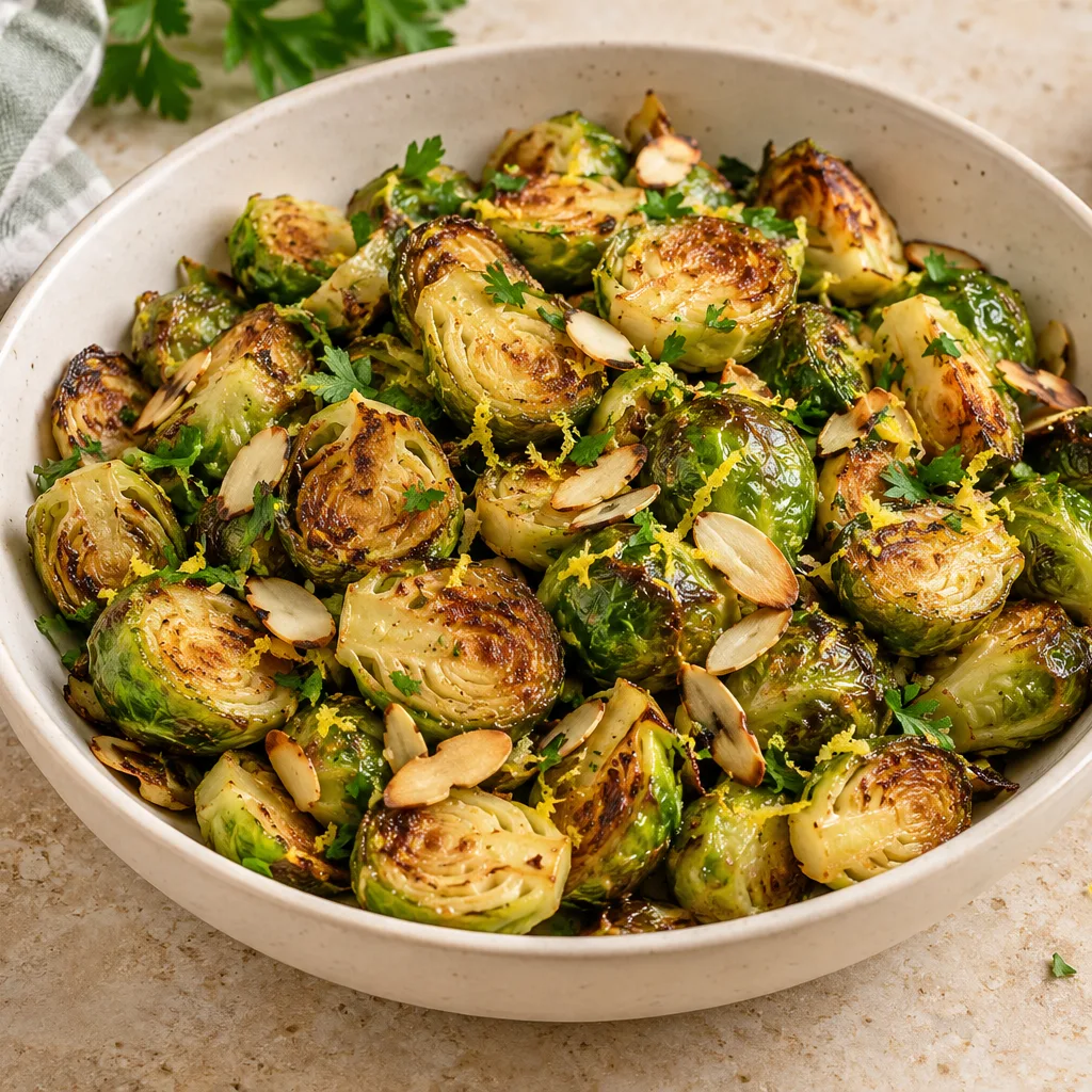 Roasted Brussels Sprouts with Lemon and Almonds, finished and ready to serve