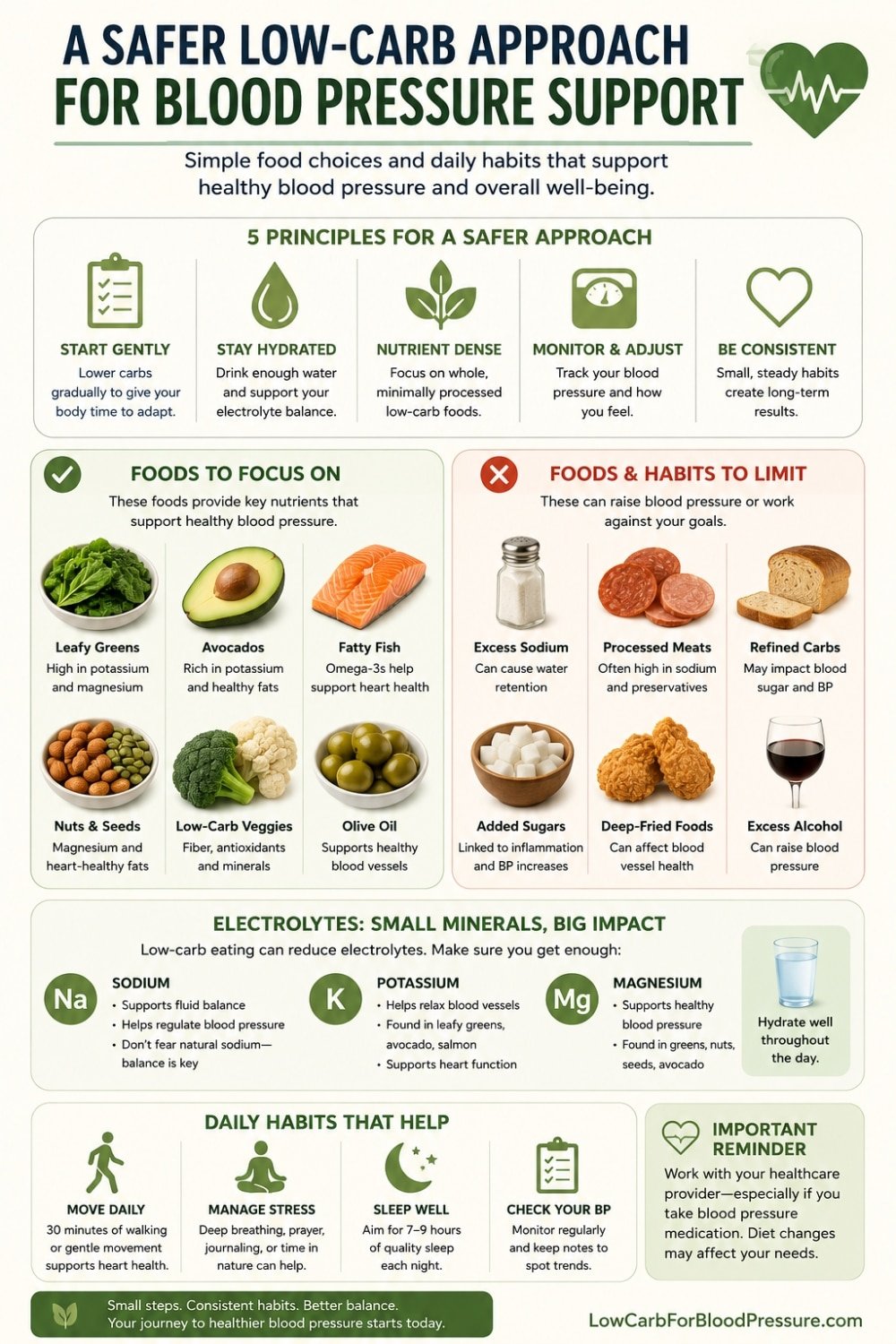 Infographic showing a safer low-carb approach for blood pressure support with balanced meals, hydration, electrolytes, stress management, and simple daily habits for healthier living