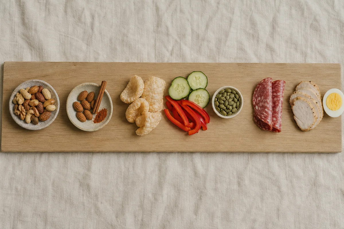 Three snack swaps paired on a wooden board: salted nuts beside plain almonds with paprika, pork rinds beside cucumber and pumpkin seeds, salami beside roast chicken and a boiled egg